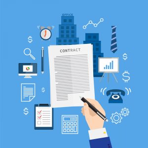 Set of flat style vector business icons on blue background